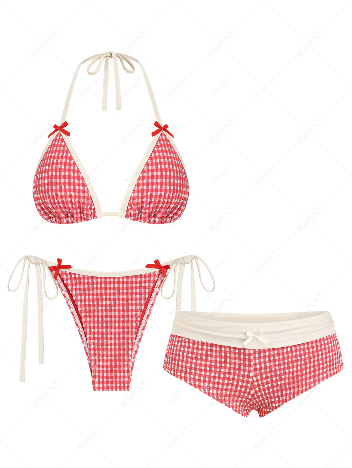 Seamolly 3 Piece Retro Vintage Inspired Gingham Triangle Cheeky Boyshort Bikini Set