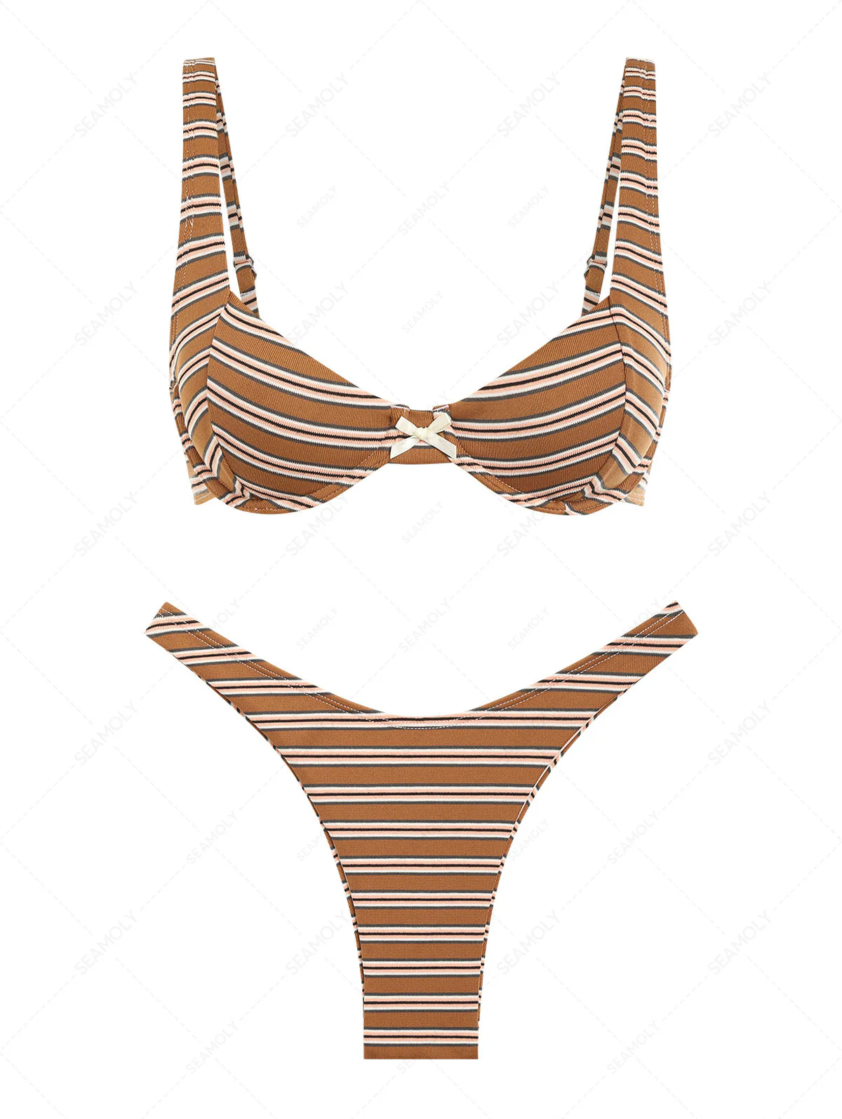 Seamolly Hellbraun gestreiftes Bikini-Set mit Schleife, Bügeln und hohem Beinausschnitt