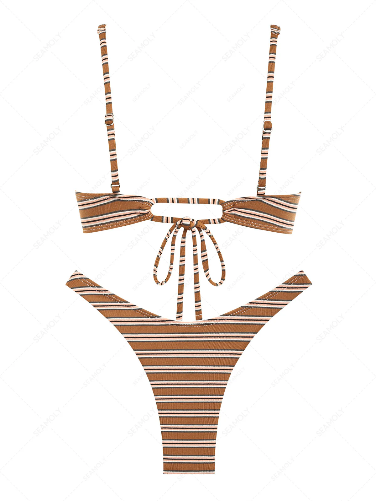 Seamolly Hellbraun gestreiftes Bikini-Set mit Schleife, Bügeln und hohem Beinausschnitt - Image 4