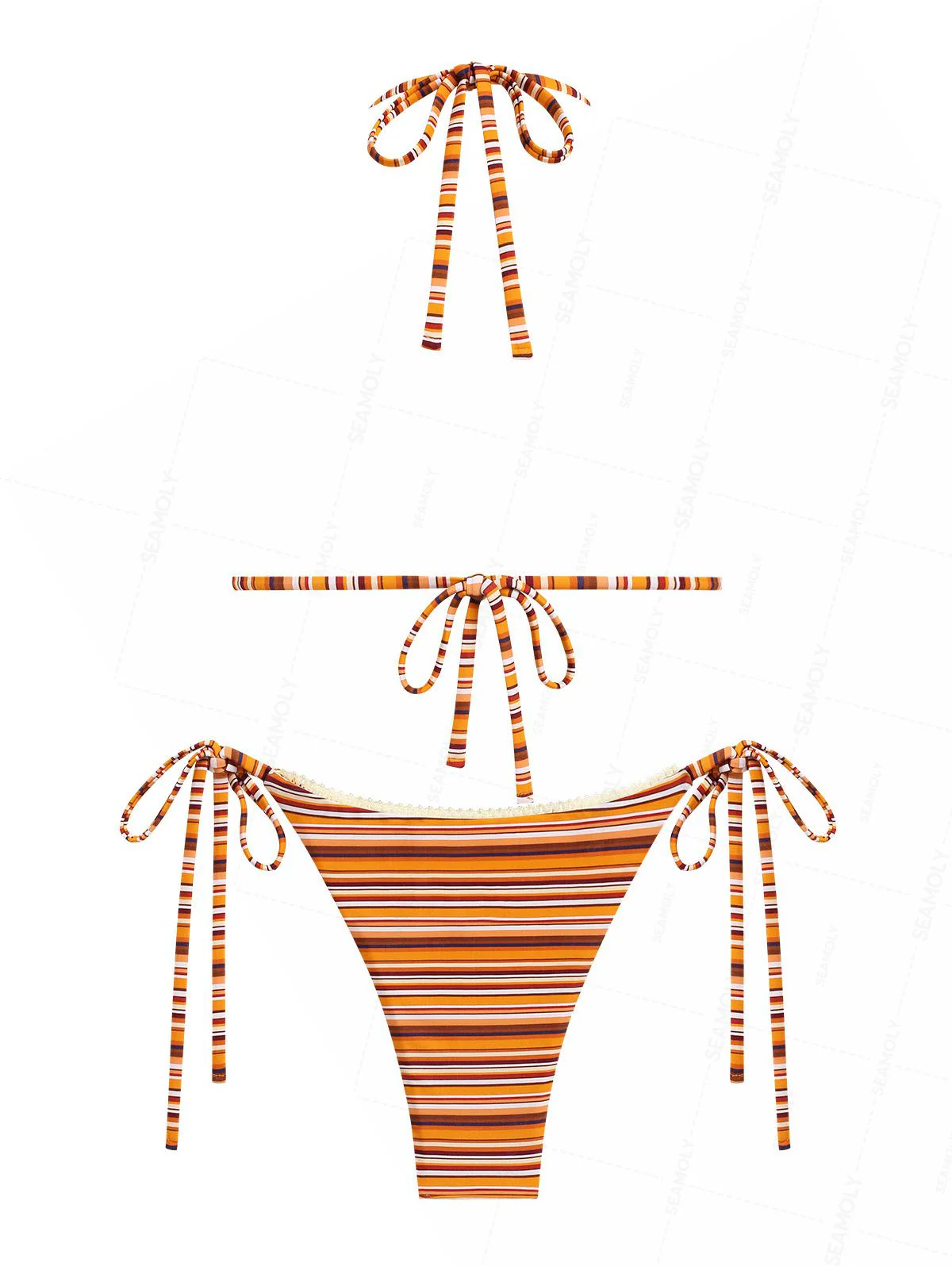 Seamolly 3-teiliges gestreiftes Bikini-Set mit Spitze, Schleife, Dreiecksausschnitt und taillierten Shorts - Image 3
