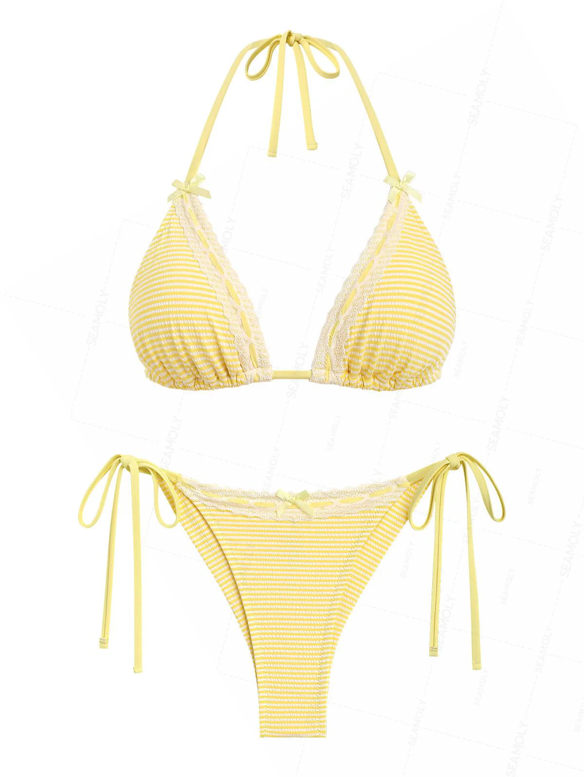 Seamolly Bikini-Set mit gestreiftem Spitzen-Triangel-Top und frechem brasilianischem Höschen