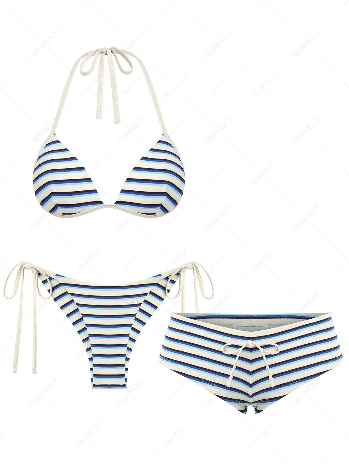 Seamolly 3-teiliges gestreiftes Triangel-Push-Up-Bikini-Set im brasilianischen Cheeky-Stil
