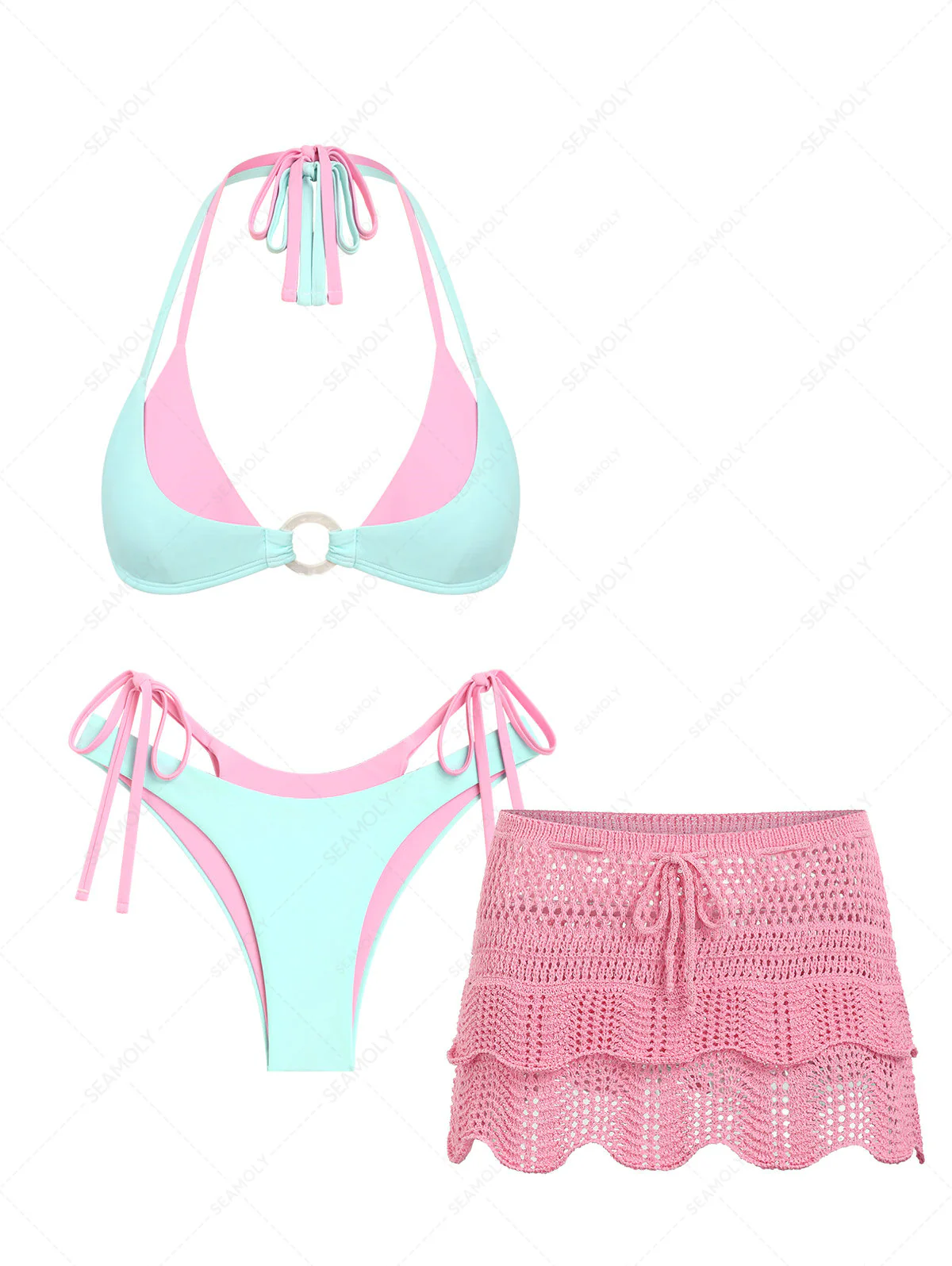 Seamolly 3-teiliger Badeanzug – Colorblock-Bikini-Set mit zweifarbigem O-Ring-Detail und passendem Überwurfrock