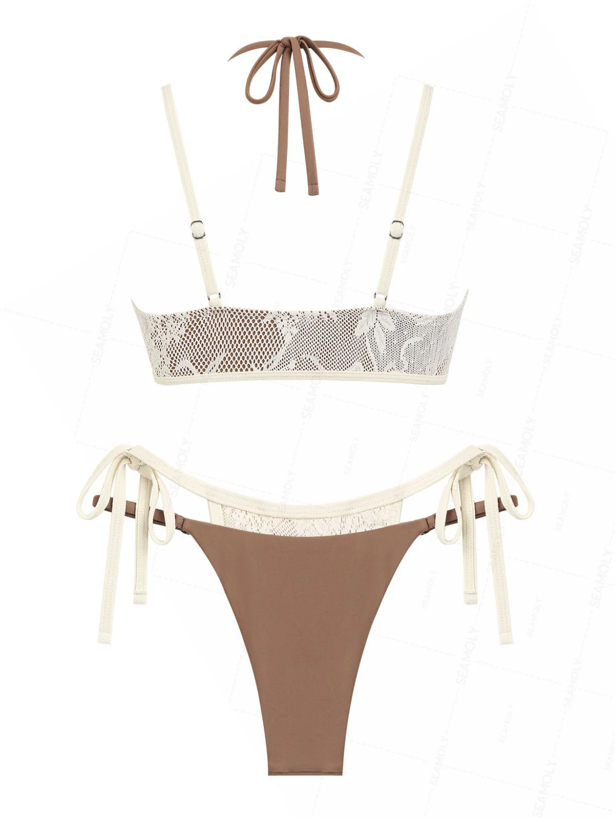 Seamolly 3 Piece Contrast Color Lace String Double Layer Cheeky Boyshort Bikini Set - Image 3