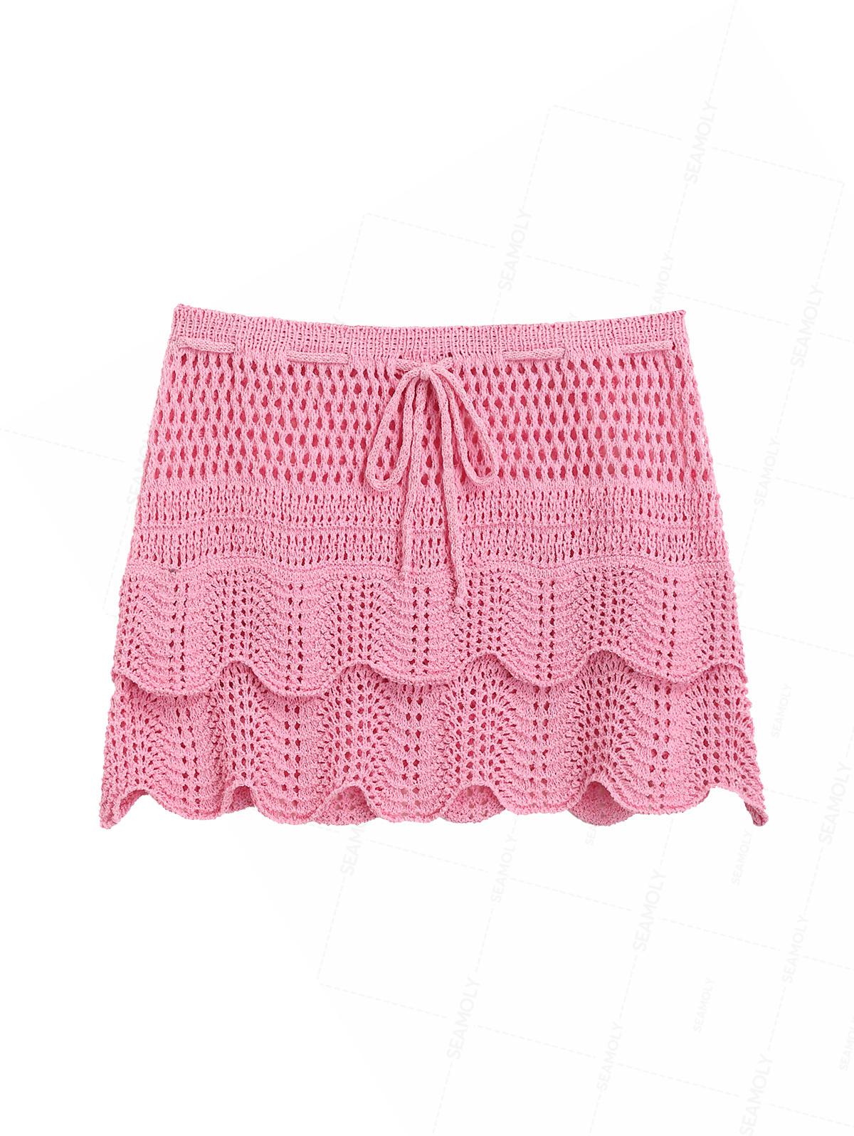Crochet Layered Scalloped Hem Drawstring Mini Beach Cover Up Skirt - Image 3