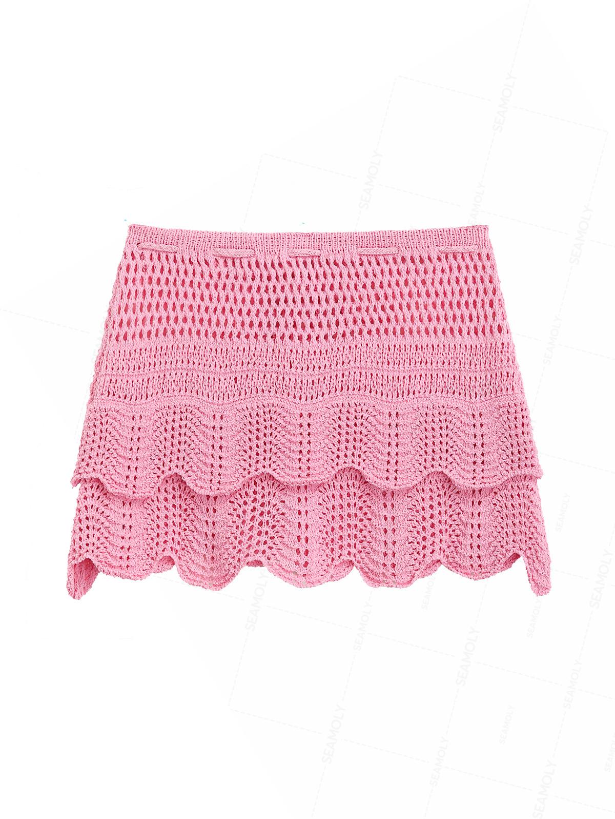 Crochet Layered Scalloped Hem Drawstring Mini Beach Cover Up Skirt - Image 4