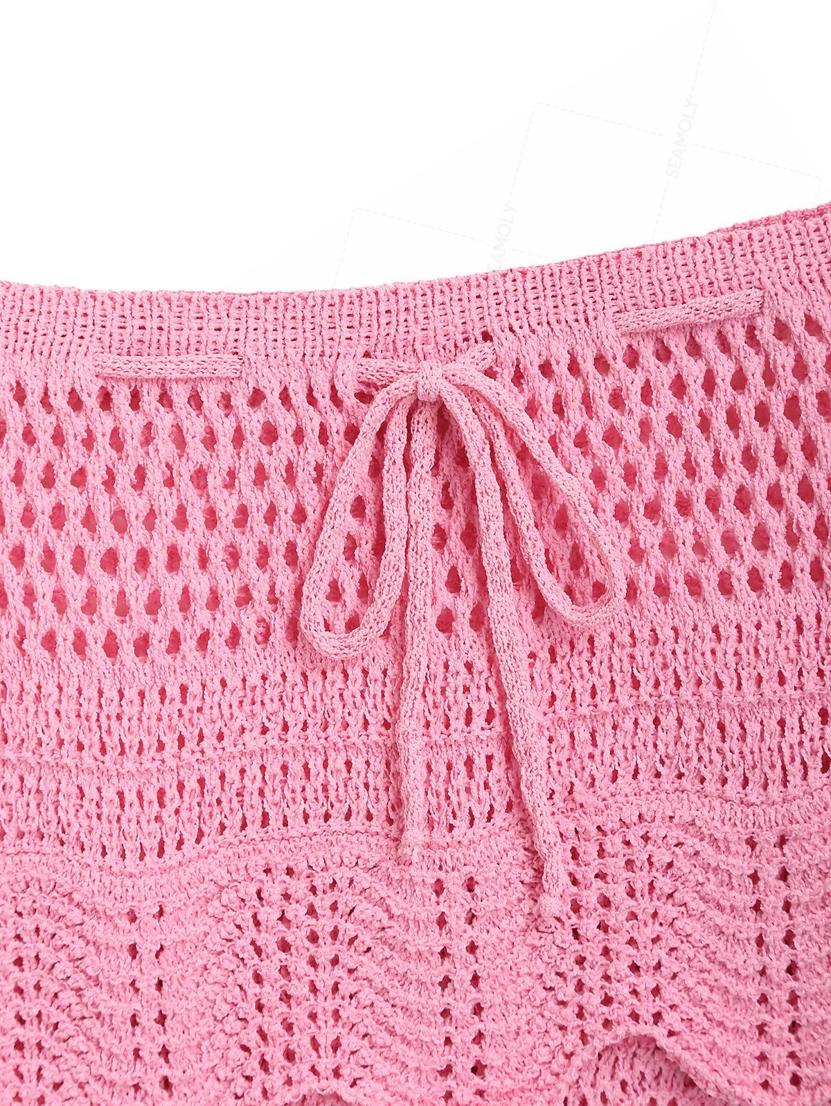Crochet Layered Scalloped Hem Drawstring Mini Beach Cover Up Skirt - Image 5