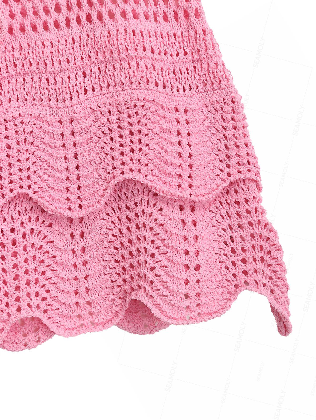Crochet Layered Scalloped Hem Drawstring Mini Beach Cover Up Skirt - Image 6