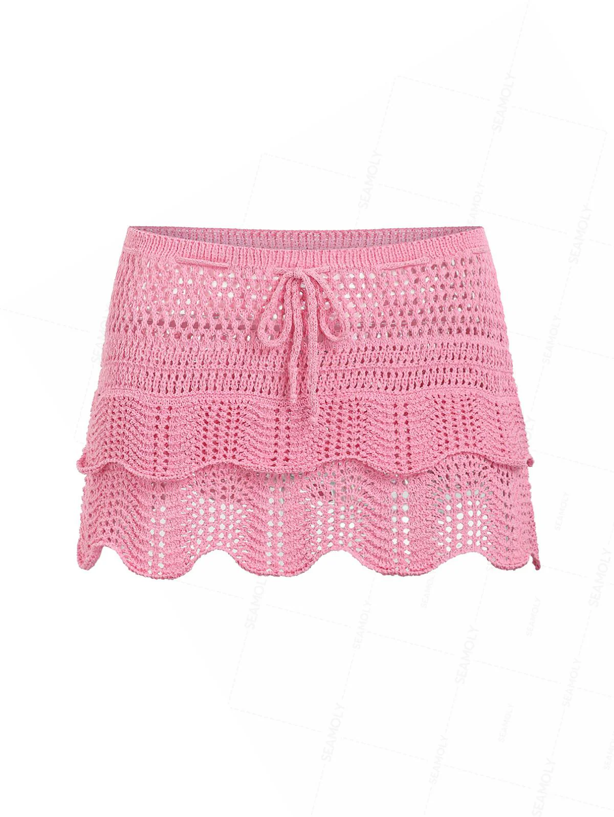 Crochet Layered Scalloped Hem Drawstring Mini Beach Cover Up Skirt