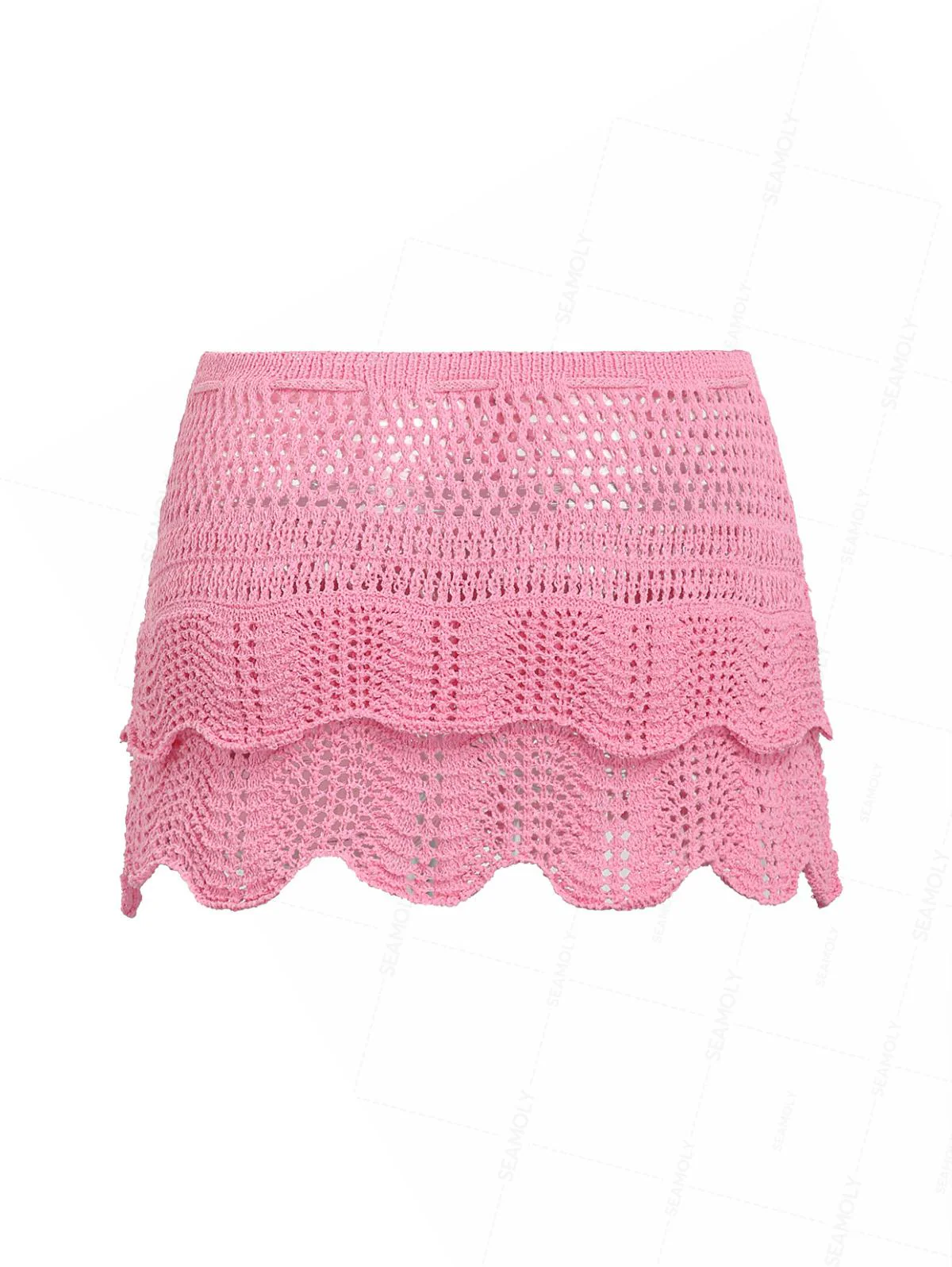 Crochet Layered Scalloped Hem Drawstring Mini Beach Cover Up Skirt - Image 2