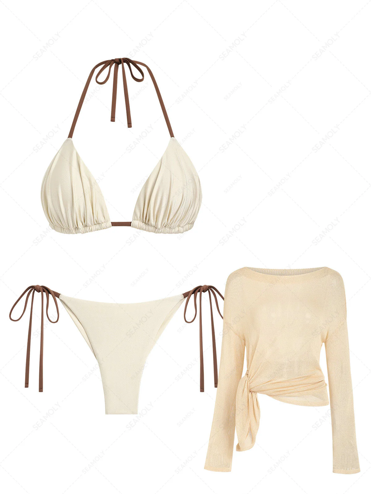 Seamolly 3-teiliger Badeanzug – Gerafftes Triangel-Bikinihöschen im brasilianischen Stil & Überzieh-Top