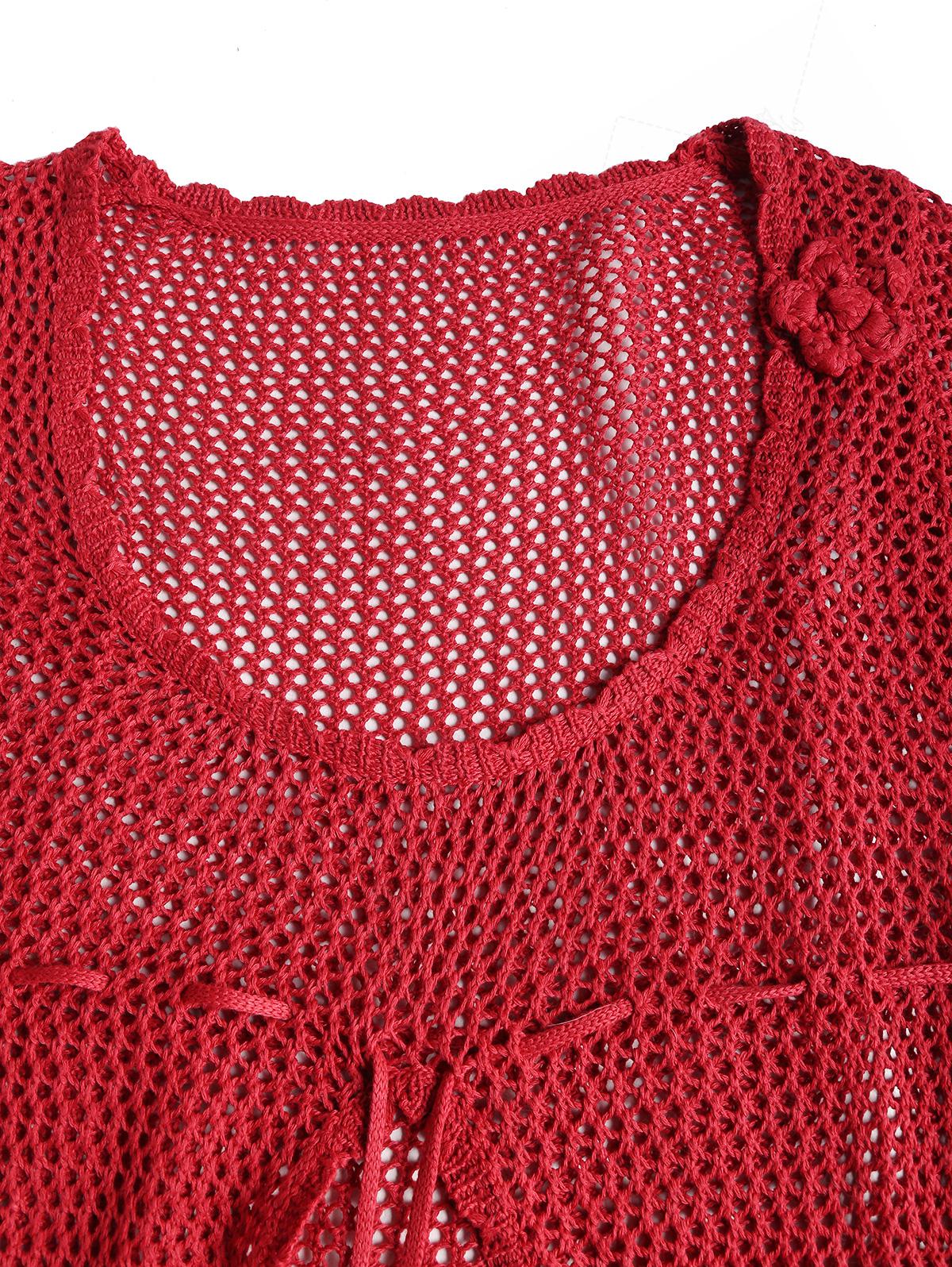 Rotes Häkeltop mit durchbrochener, gewellter Vorderseite und Schlitz zum Binden, Strand-Überwurf - Image 3