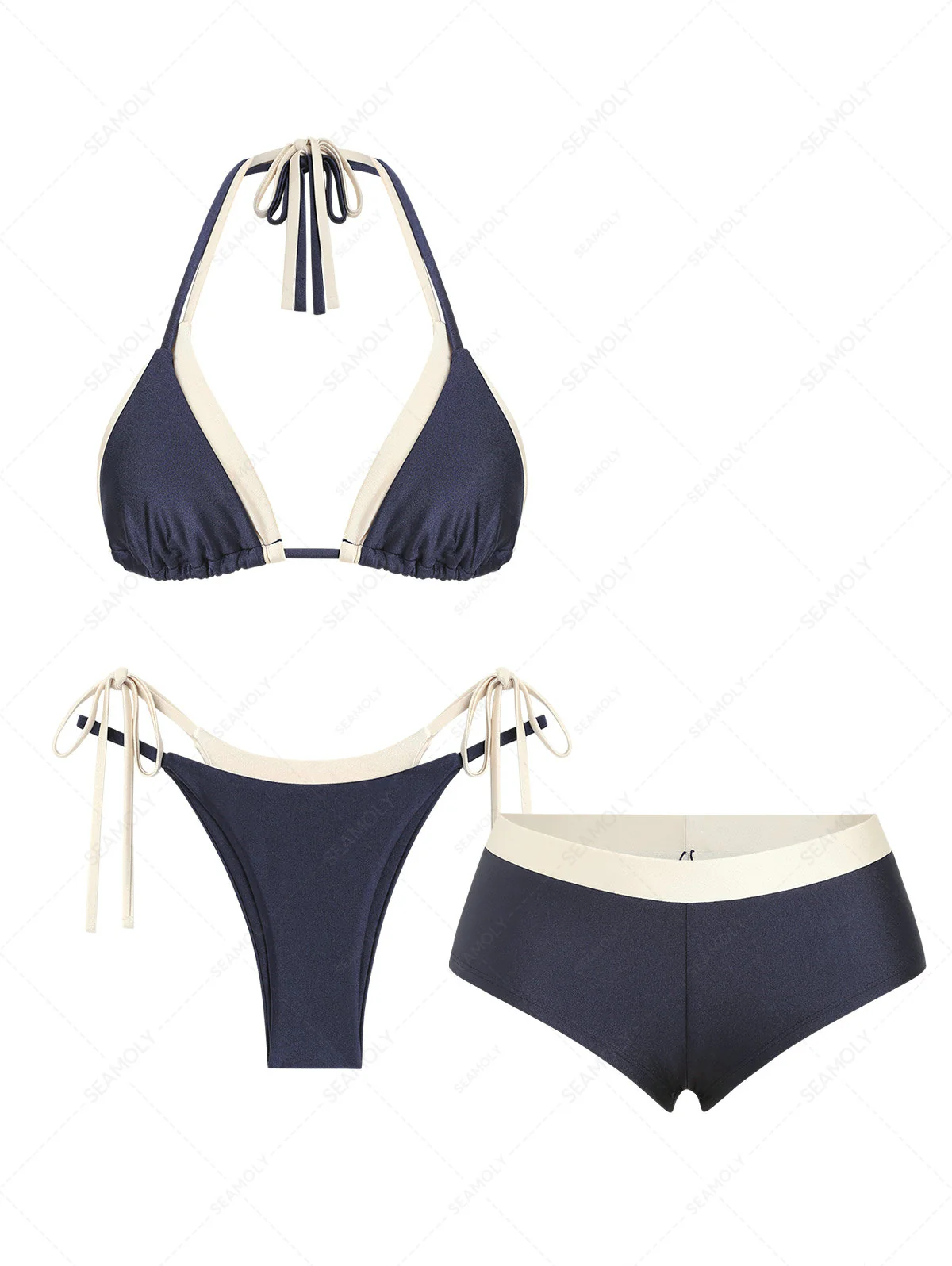 Seamolly 3-teiliges zweifarbiges Bikini-Set mit seitlichen Bindebändern, doppellagig und frechem Schnitt (Boyshorts)