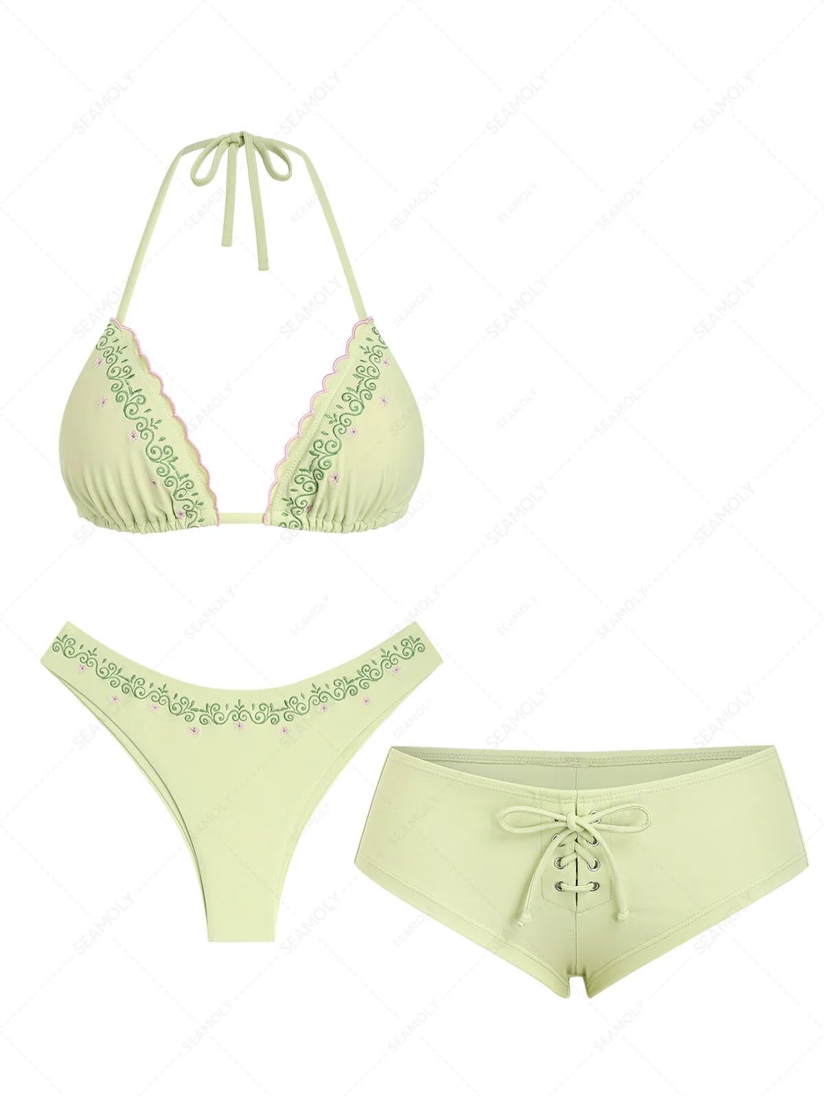 Seamolly 3-teiliges Vintage-Bikini-Set mit besticktem, gewelltem Rand, Dreiecksform und frechem Schnitt