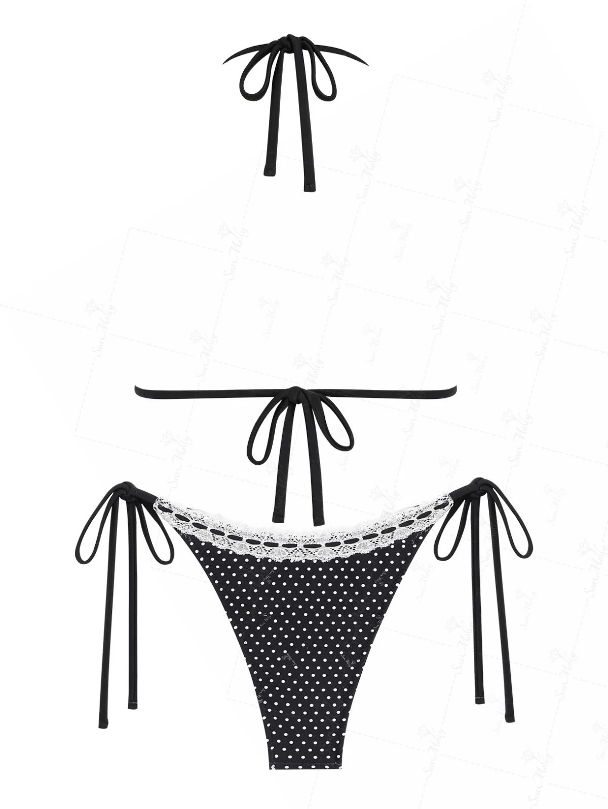Seamolly Vintage-Bikini-Set mit Polka-Dots-Druck, Spitzenbesatz, Schleife, Dekor, Neckholder, Dreieck, seitlich gebunden - Image 11