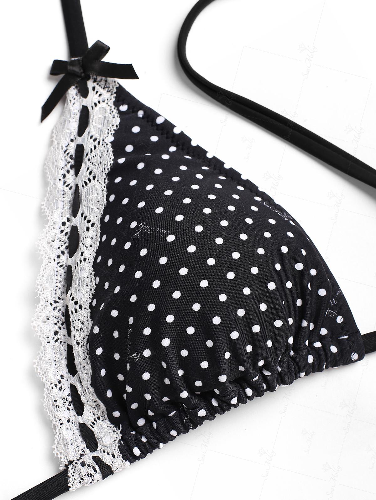 Seamolly Vintage-Bikini-Set mit Polka-Dots-Druck, Spitzenbesatz, Schleife, Dekor, Neckholder, Dreieck, seitlich gebunden - Image 12