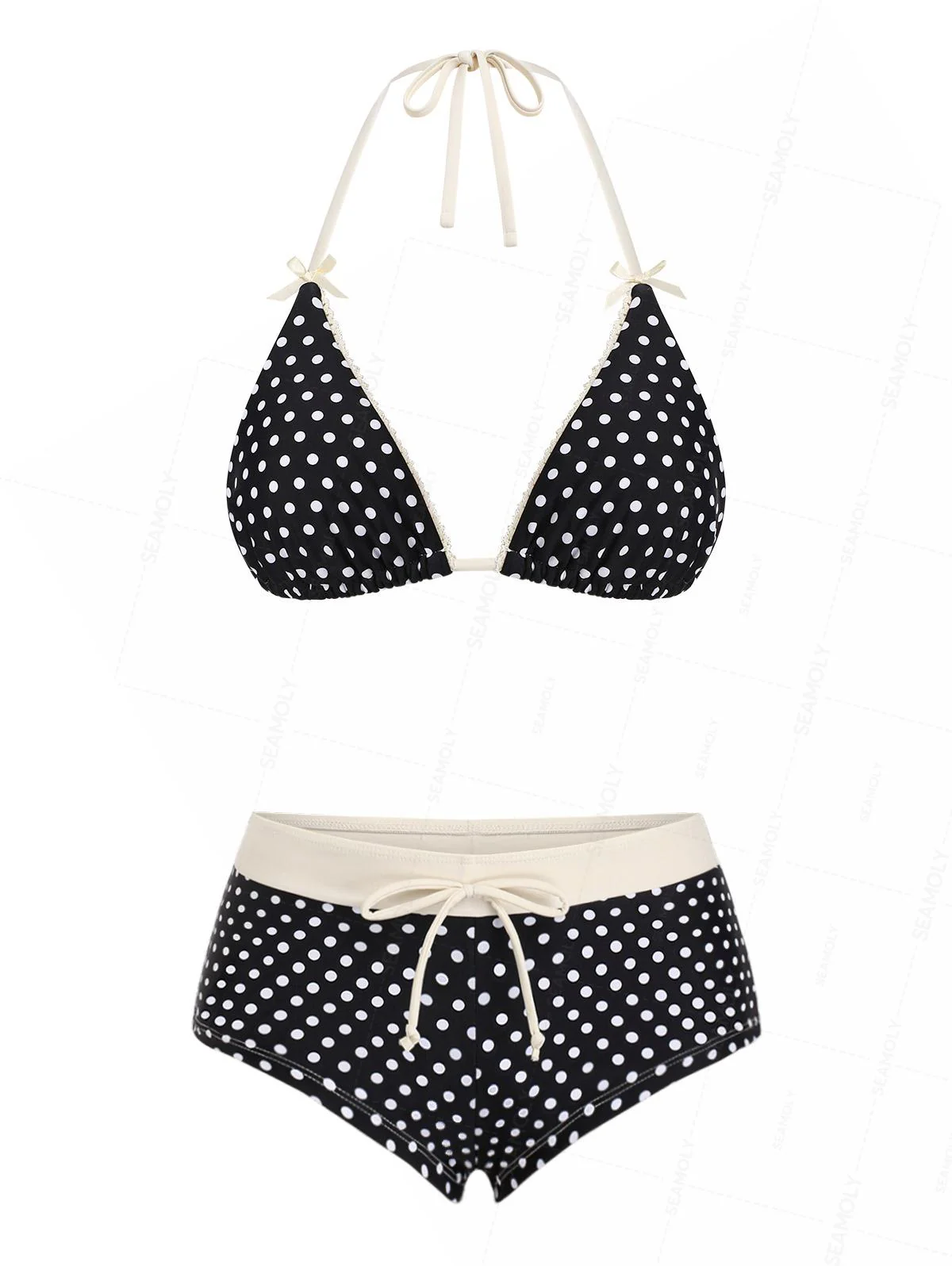 Seamolly Cheeky Boyshorts-Bikini-Set mit gepunkteter Spitze und Schleife