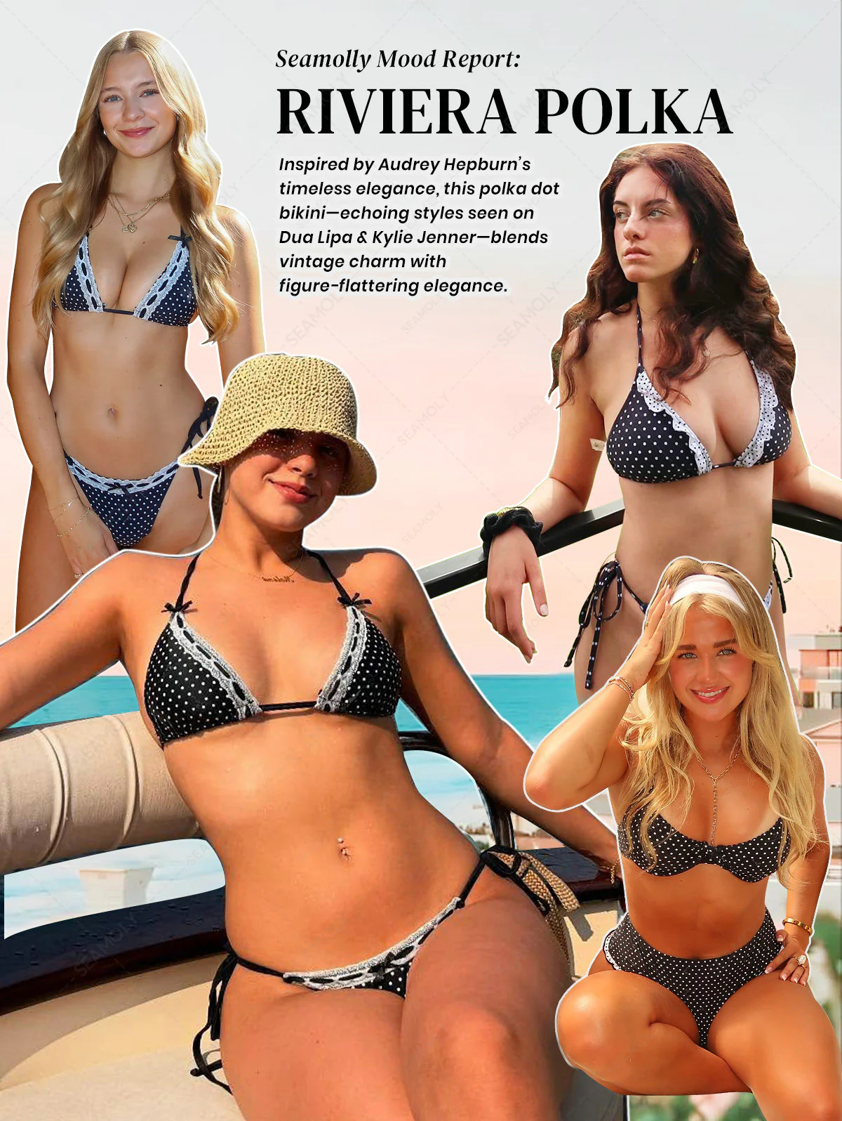 Seamolly Vintage-Bikini-Set mit Polka-Dots-Druck, Spitzenbesatz, Schleife, Dekor, Neckholder, Dreieck, seitlich gebunden - Image 3
