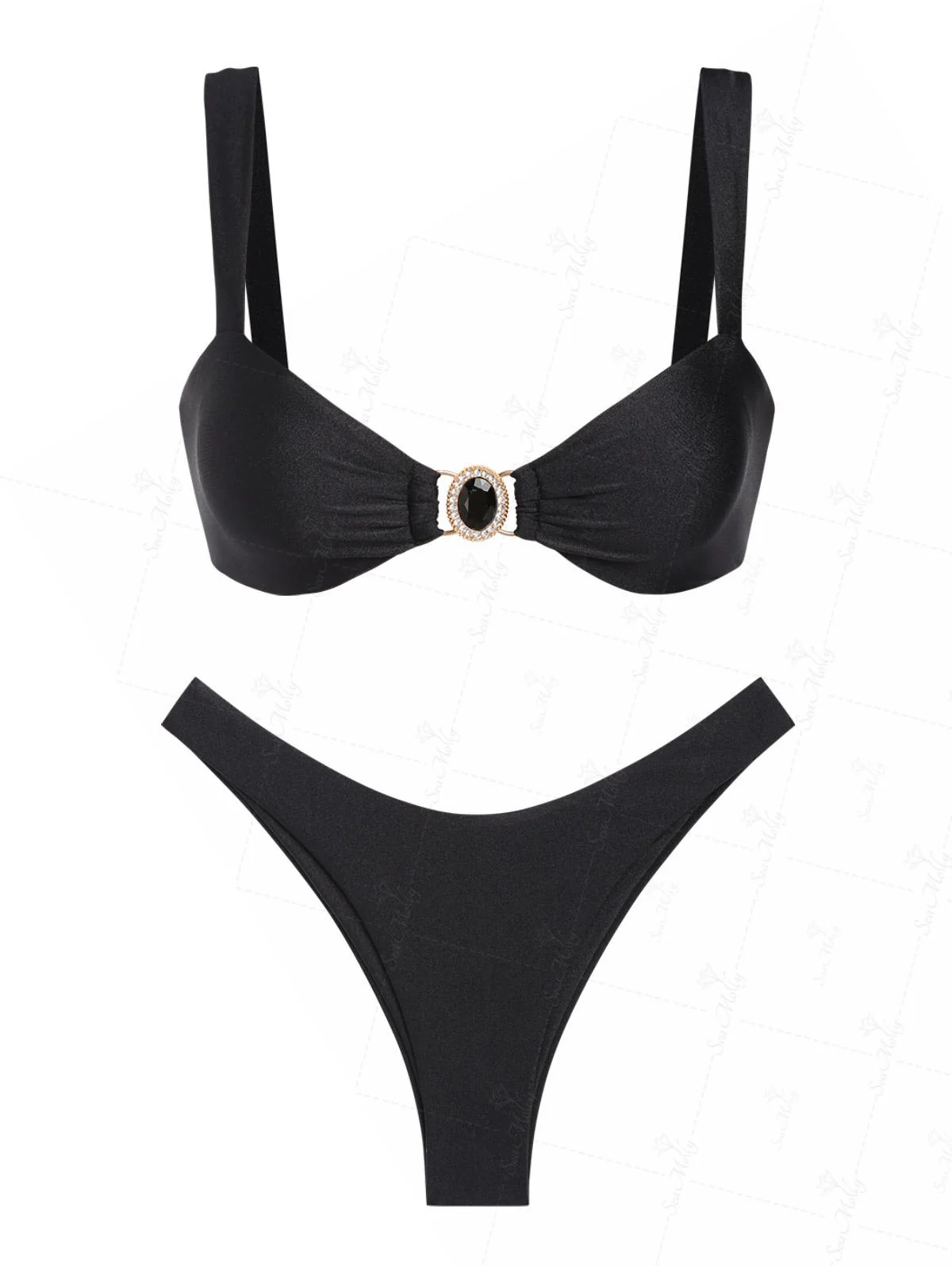 Seamolly Schwarzer Bikini mit glänzenden Strasssteinen und Metalldekor - Image 2
