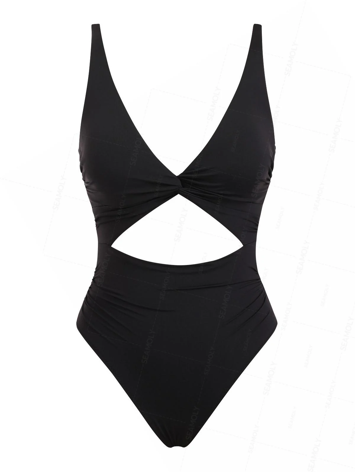 Seamolly Einteiliger Badeanzug Monokini in Unifarbe mit gedrehtem Cut-out, Raffungen und Bauchkontrolle