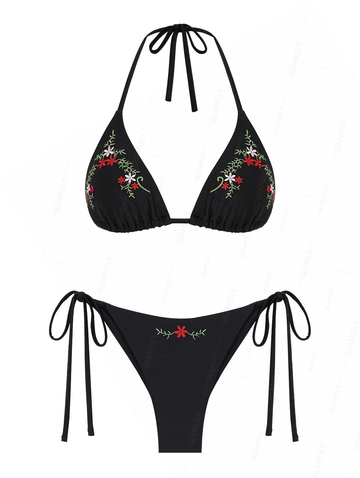Seamolly Vintage-Bikini-Set mit Stickerei: Neckholder-Triangel-Top und freches brasilianisches Höschen