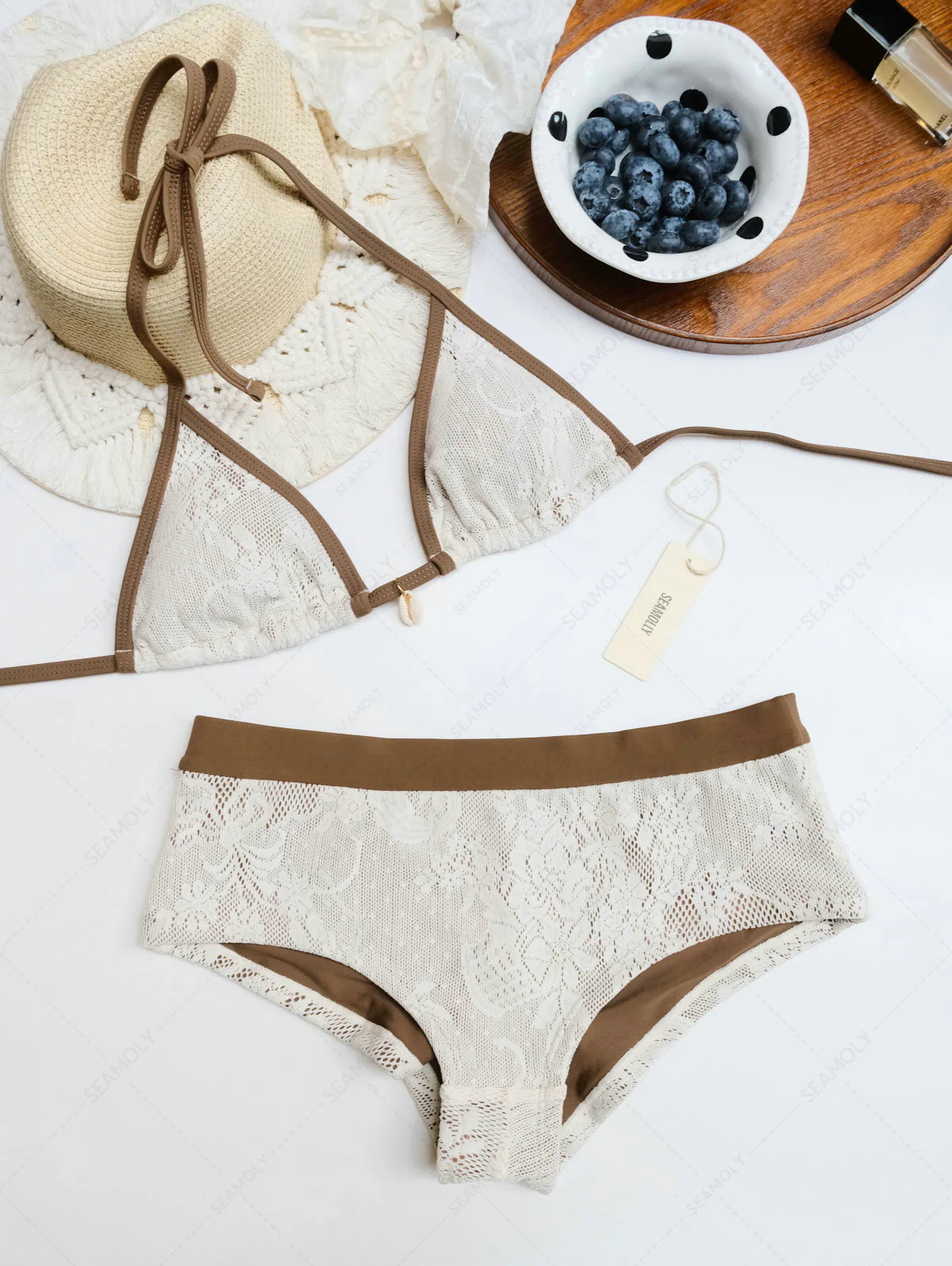 Seamolly braunes Bikini-Set mit kontrastierender Einfassung, Muschelverzierung und frechen Boyshorts - Image 3