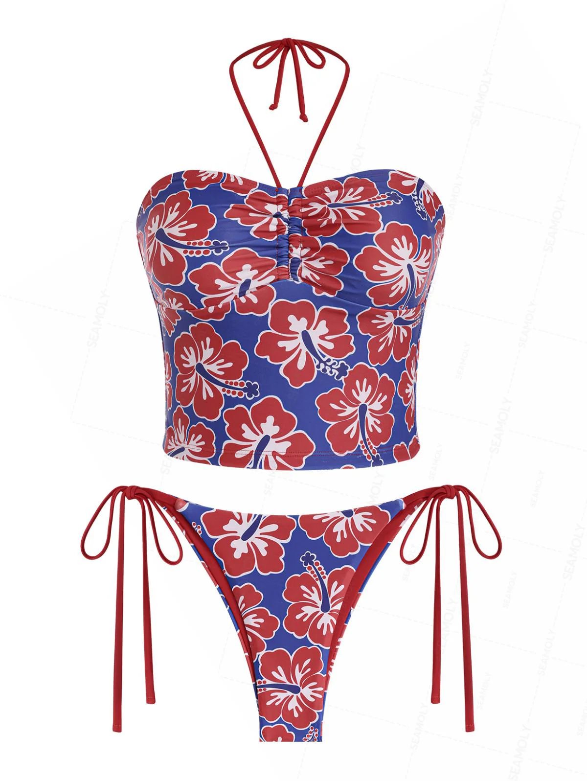 Seamolly Tankini-Set mit floralem Hibiskusmuster, geraffter Vorderseite und Neckholder-Bandeau-Oberteil