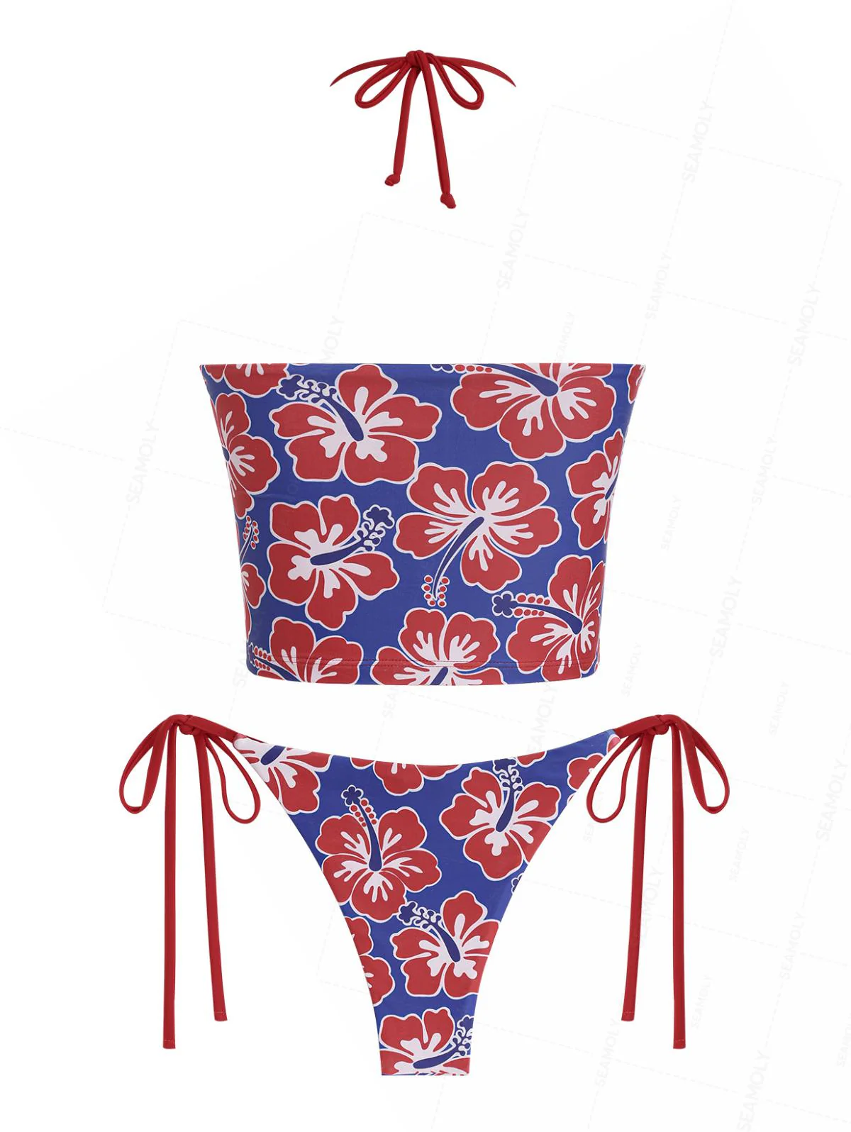 Seamolly Tankini-Set mit floralem Hibiskusmuster, geraffter Vorderseite und Neckholder-Bandeau-Oberteil - Image 2