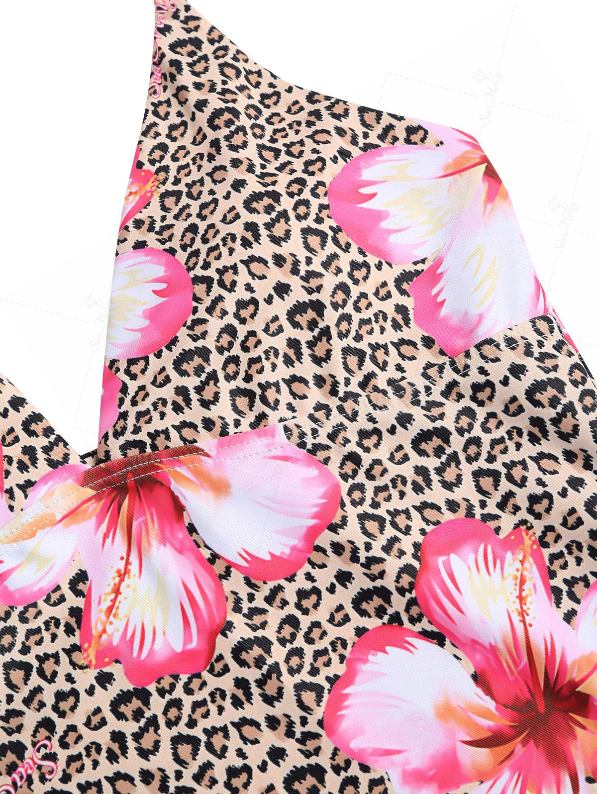 Seamolly Bikini-Tankini-Set mit Leoparden- und Blumenmuster, Neckholder und seitlichen Bindebändern – Hawaii-Stil - Image 3