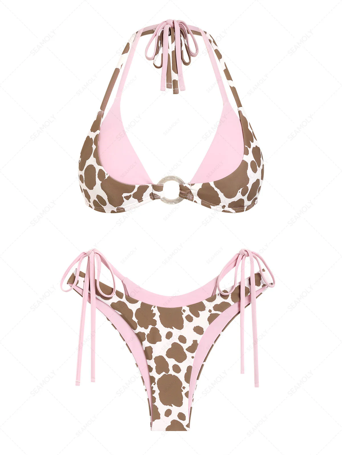 Seamolly Bikini-Set mit Kuhmuster in Kontrastfarbe und O-Ring, doppellagig