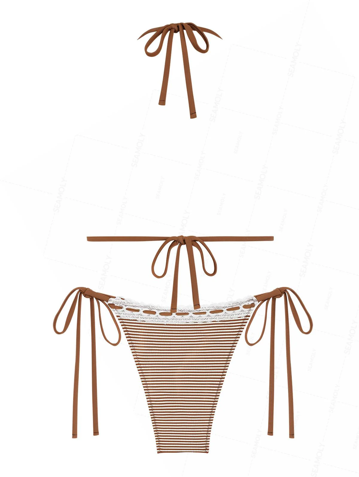 Seamolly gestreiftes Spitzen-Bikini-Set mit Schleife, Neckholder, Dreieck, seitlich zu binden - Image 2