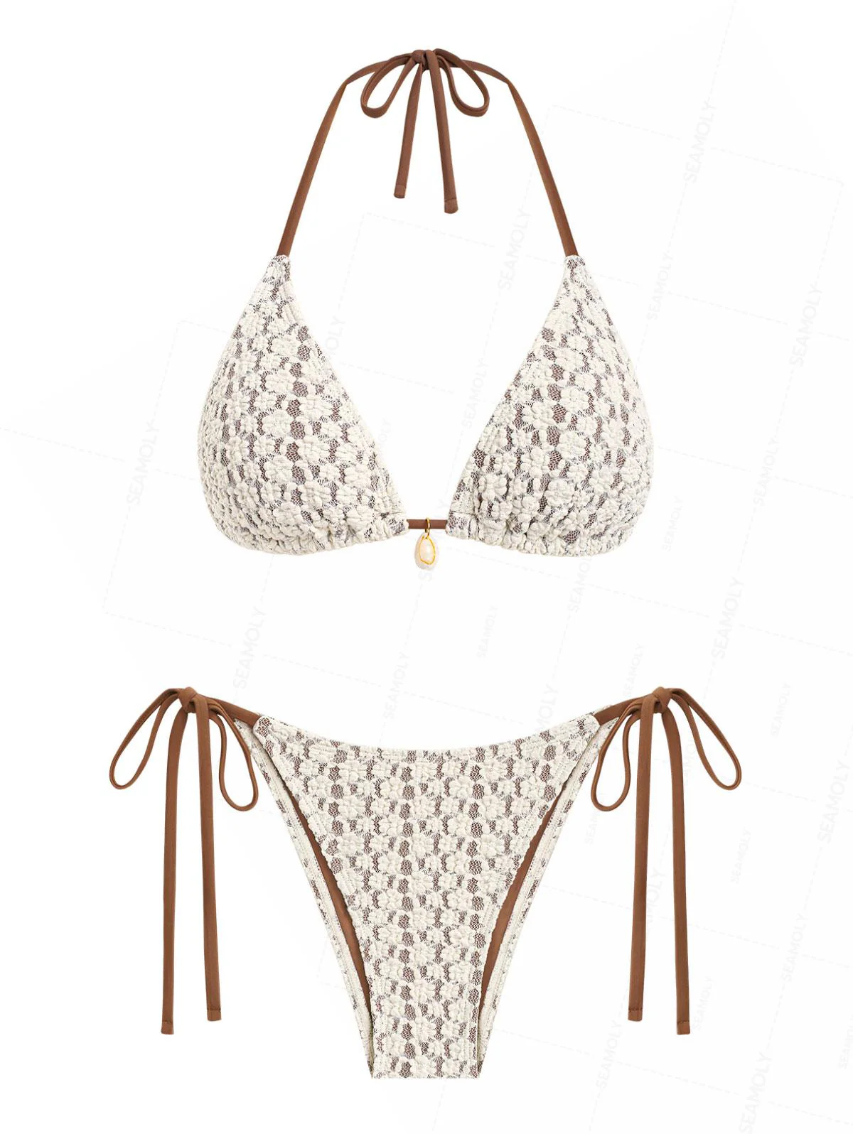 Seamolly Neckholder-Triangel-Bikini-Set mit kontrastfarbener Spitze und Muscheldekor