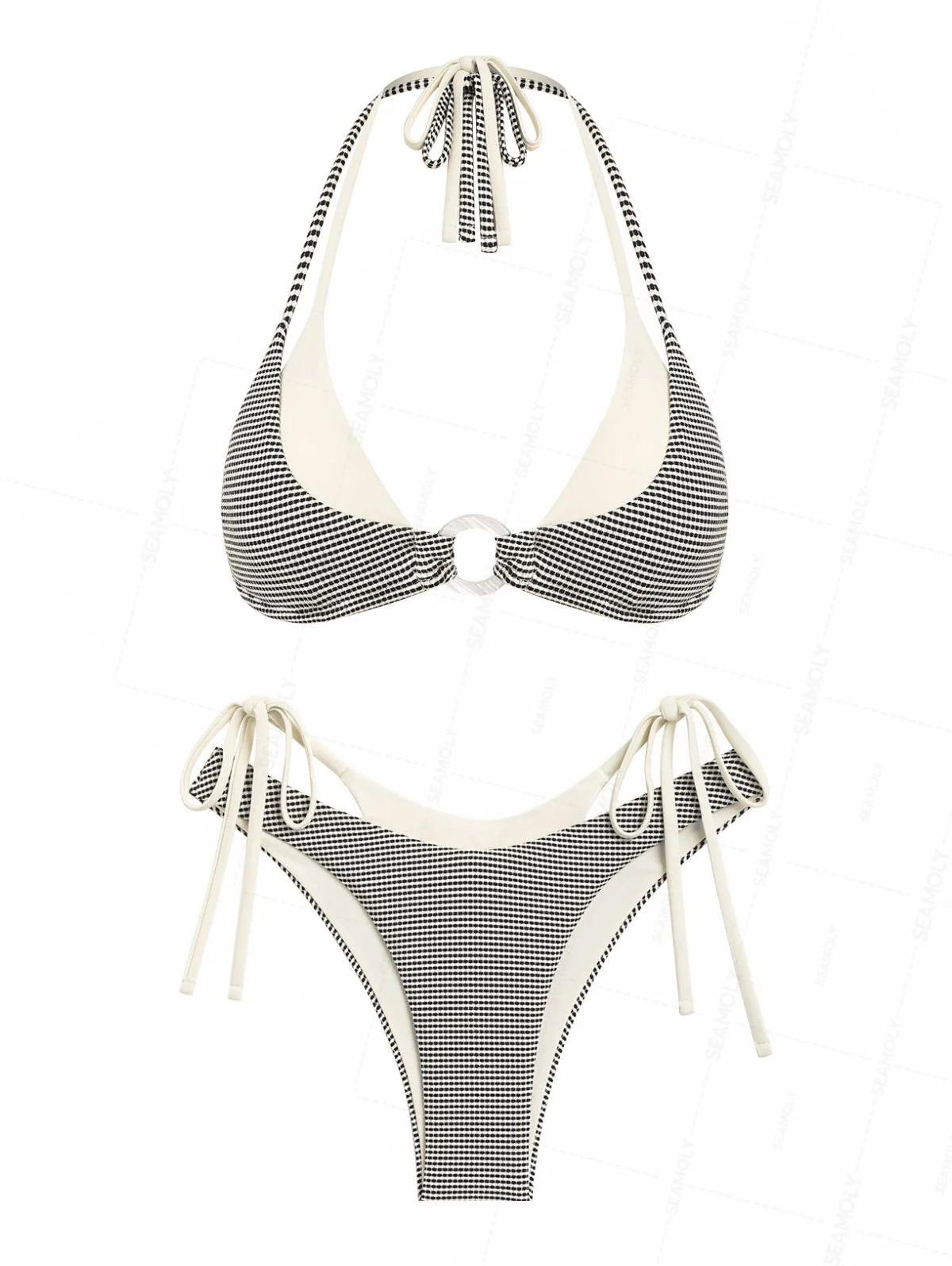 Seamolly Metallic Gold Yarn Contrast Color O Ring Double Layer Bikini Set