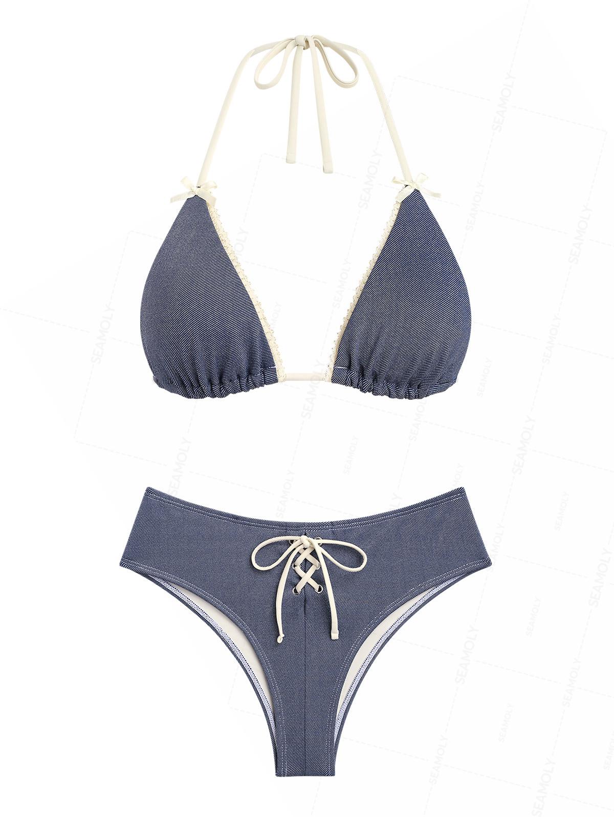 Seamolly Vintage Denim Ösen Schnür-Bikini-Set (halbbedeckt)