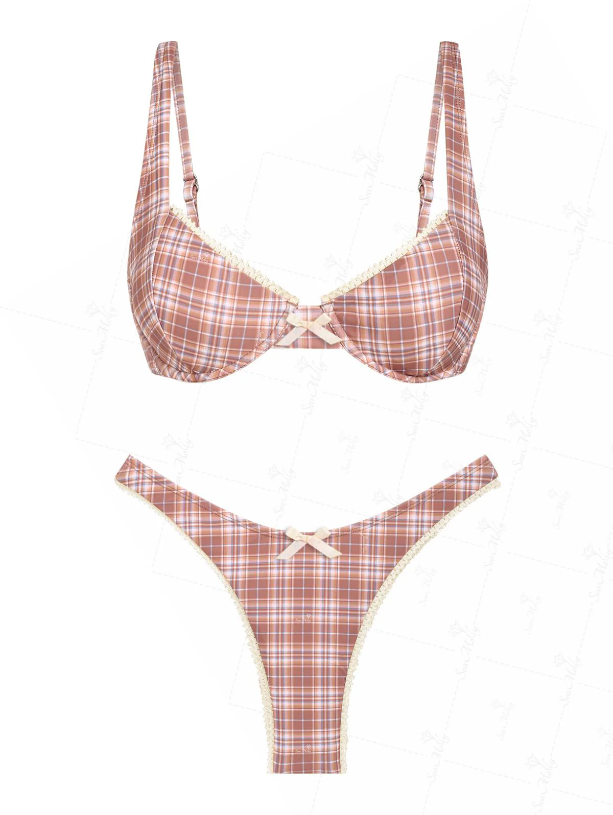 Seamolly Balconette-Bikini-Set im Vintage-Stil mit Gingham-Muster, Spitzenbesatz und Schleife - Image 2