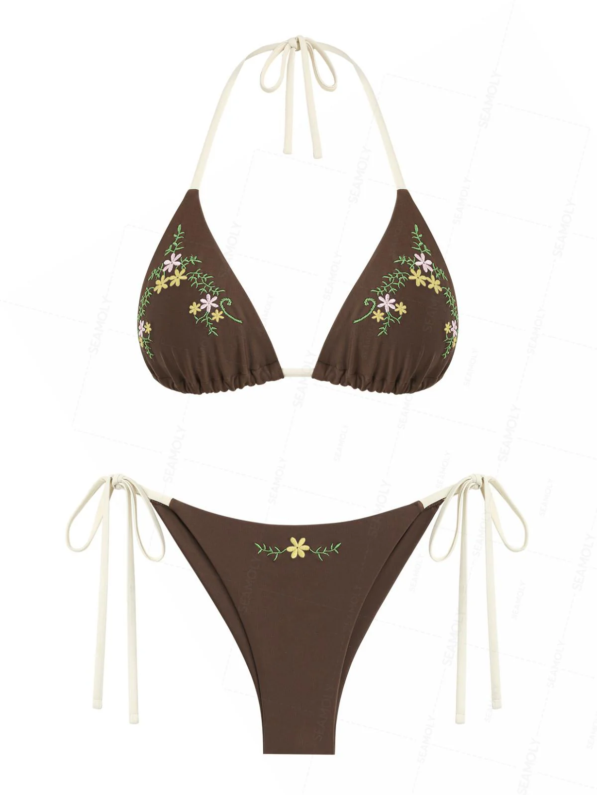 Seamolly Vintage Embroidery Halter Triangle Top & Cheeky Brazilian Bottom Bikini Set