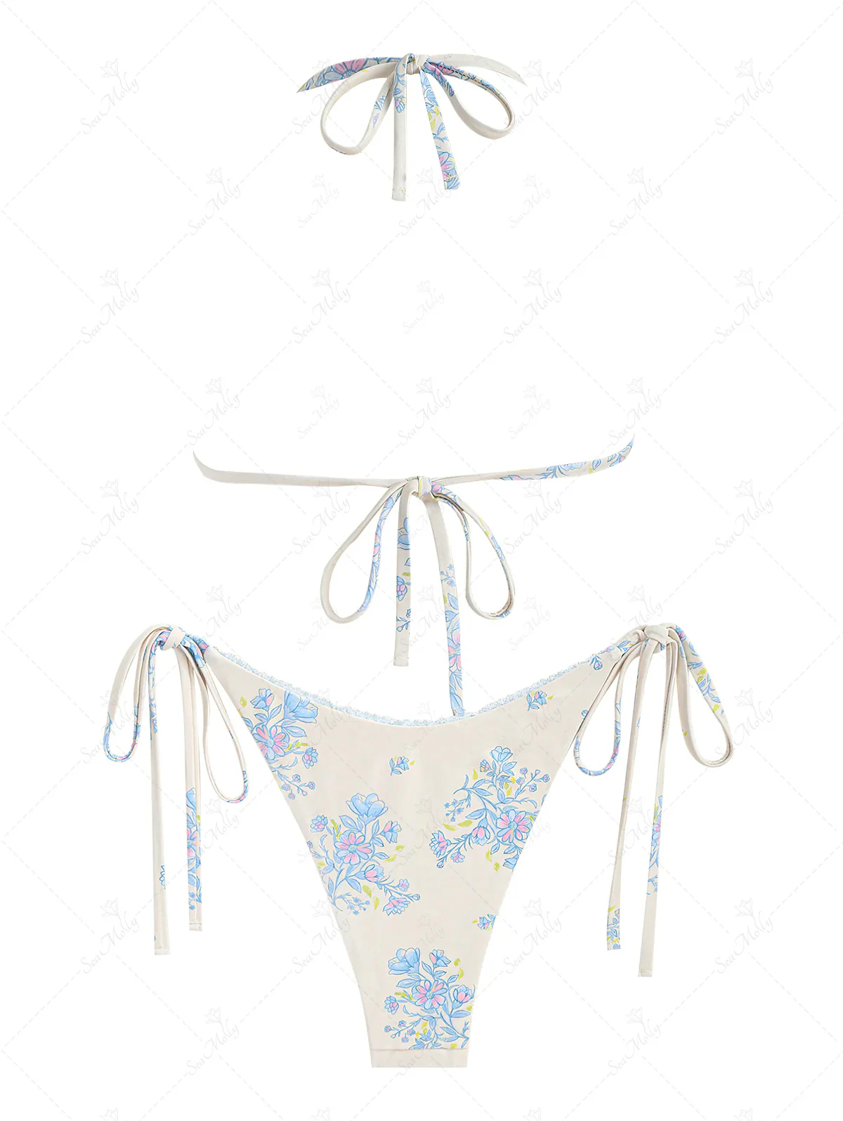 Seamolly – Vintage – Kleines, blaues Triangel-Tanga-Bikini-Set mit Blumenmuster und Fliege - Image 11
