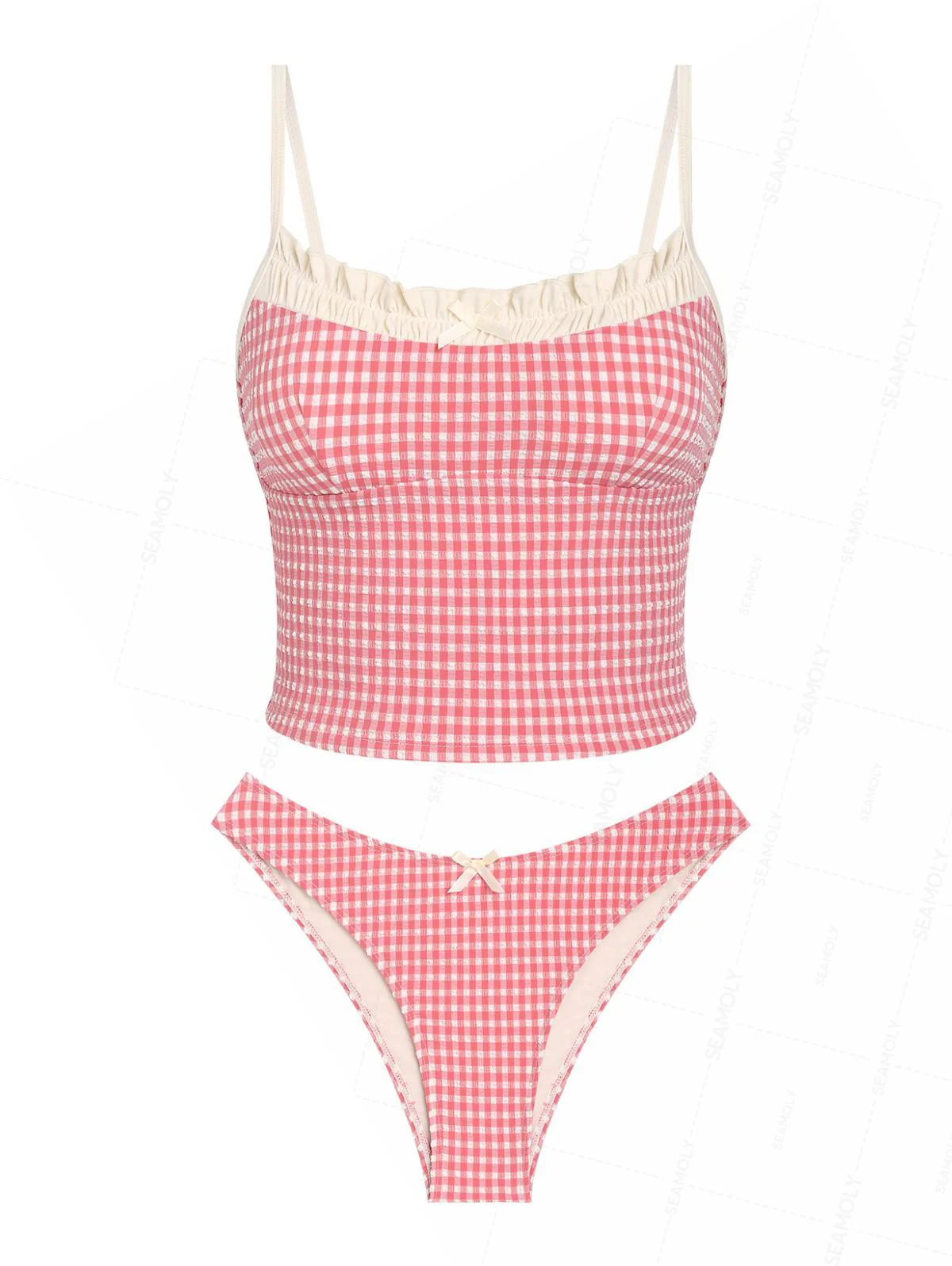 Seamolly Gingham-Tankini-Set mit gespleißten, gerüschten Rüschen und Schleifendekor