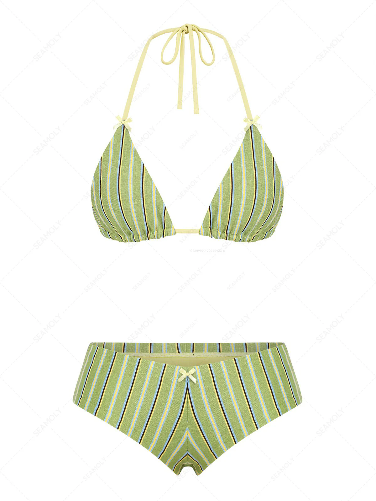 Seamolly gestreiftes Neckholder-Triangel-Bikini-Set mit frechen Boyshorts und Schleife