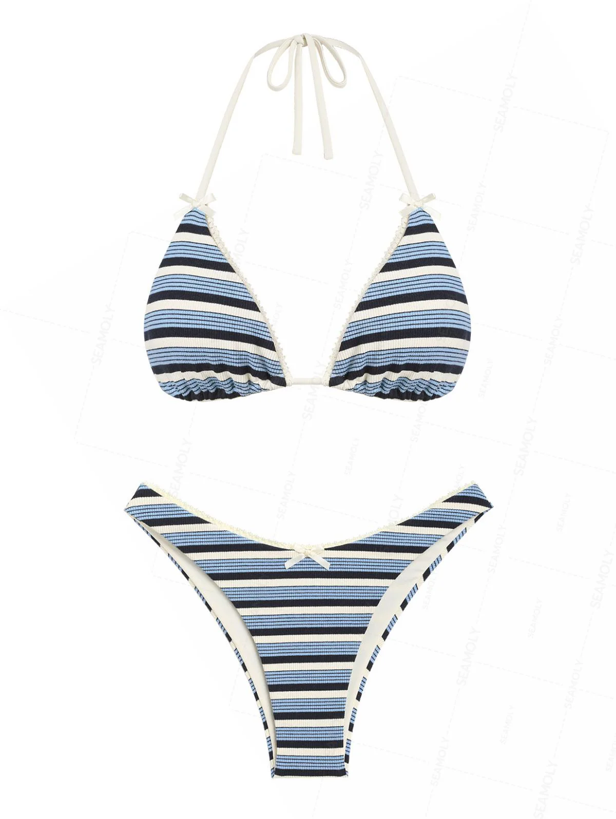 Seamolly Ribbed Knit Striped Lace Bowknot Halter Triangle Bikini Set