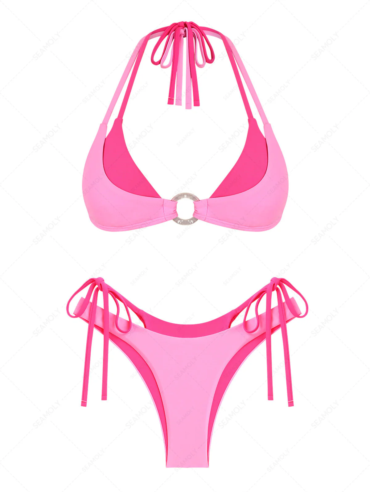 Seamolly Colorblock Zweifarbiger O-Ring Doppellagiger Bikini-Satz