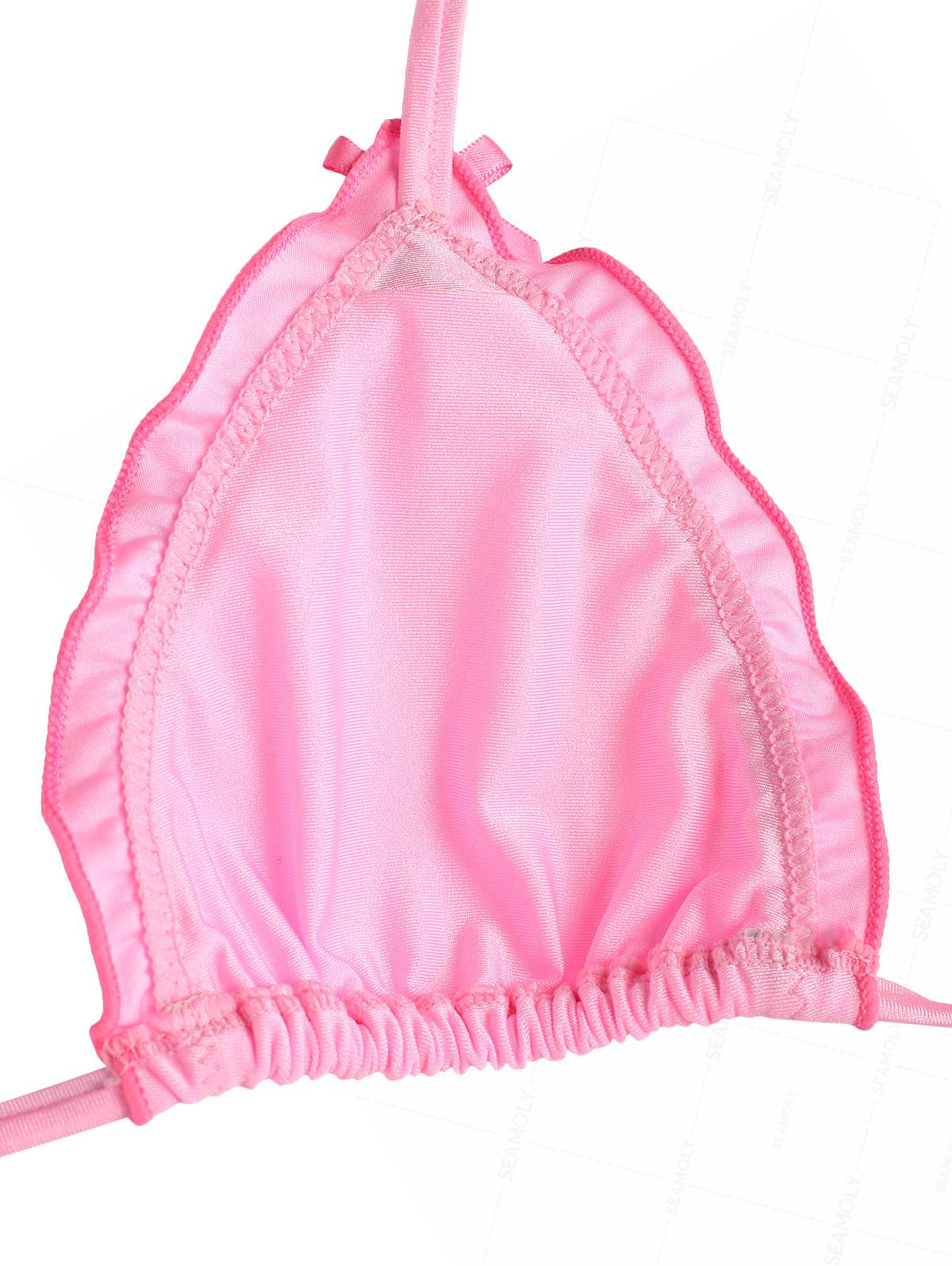 Seamolly Hellrosa kontrastierendes Rüschen-Bikini-Set mit Schleife, Neckholder und Dreiecksbindung - Image 4