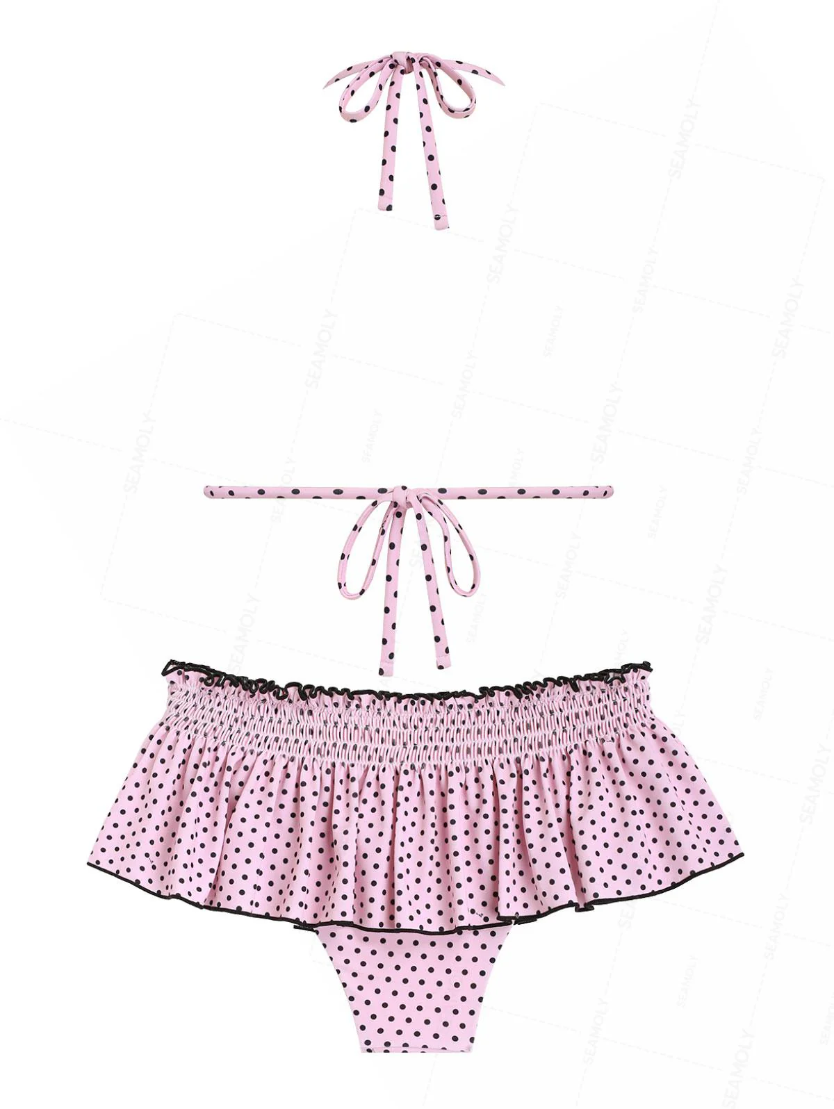 Seamolly gepunktetes, gepunktetes, mit Schleife, gesmoktes Rüschen-Rockini-Bikini-Set - Image 2