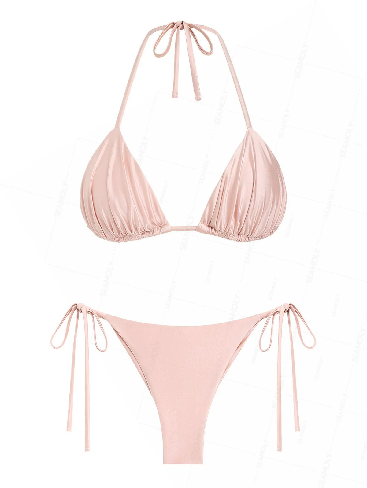 Seamolly Satin-Bikini-Set mit gerafftem Neckholder-Triangel-Top und frechem brasilianischem Höschen