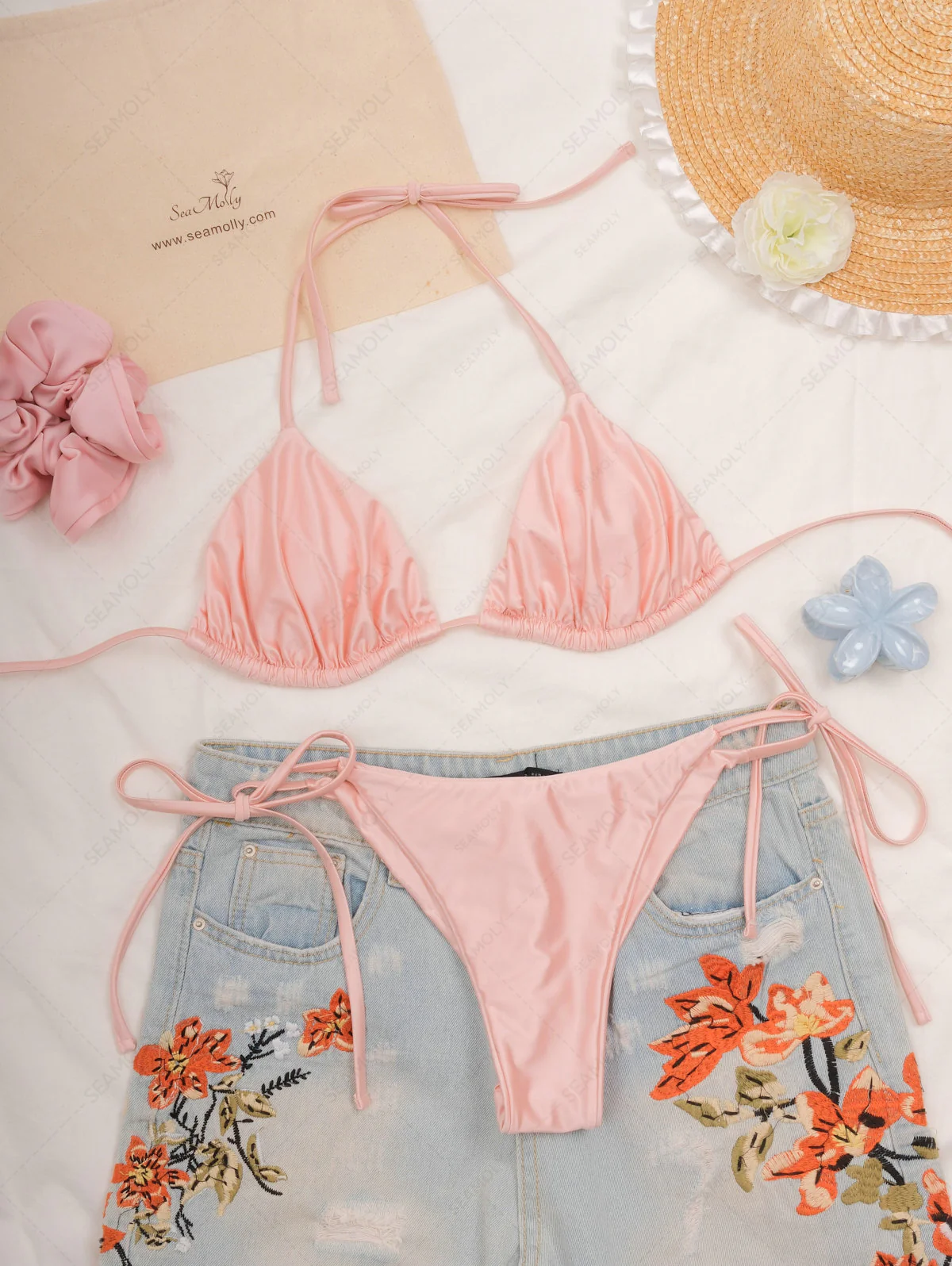 Seamolly Satin-Bikini-Set mit gerafftem Neckholder-Triangel-Top und frechem brasilianischem Höschen - Image 3