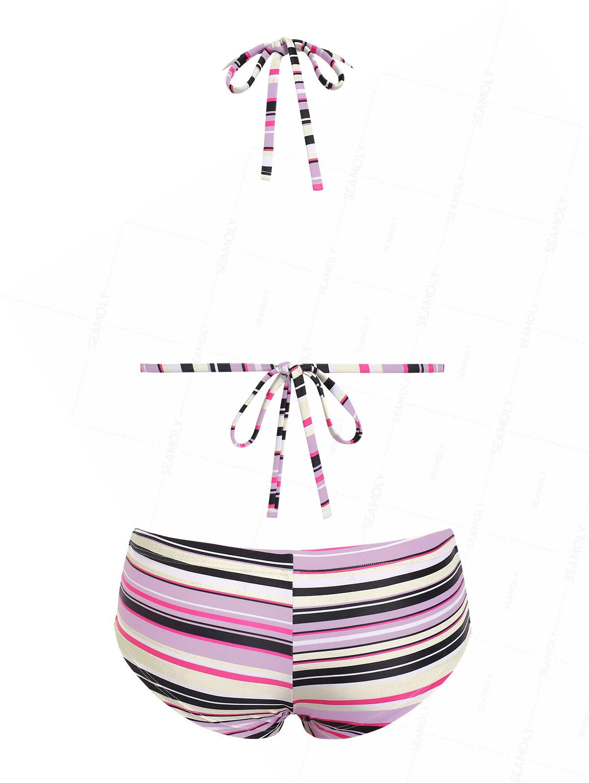 Seamolly Gestreiftes Neckholder-Triangel-Bikini-Set mit Schleife und Boyshorts - Image 2