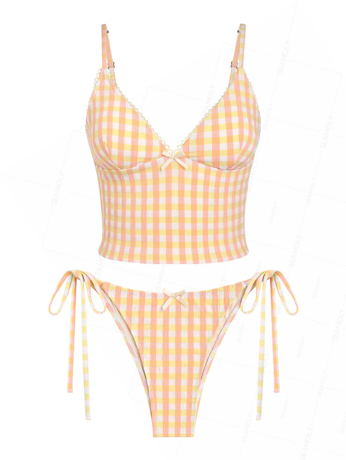 Seamolly Tankini-Set mit Gingham-Picot-Besatz, Schleife, Dekor und seitlicher Bindung