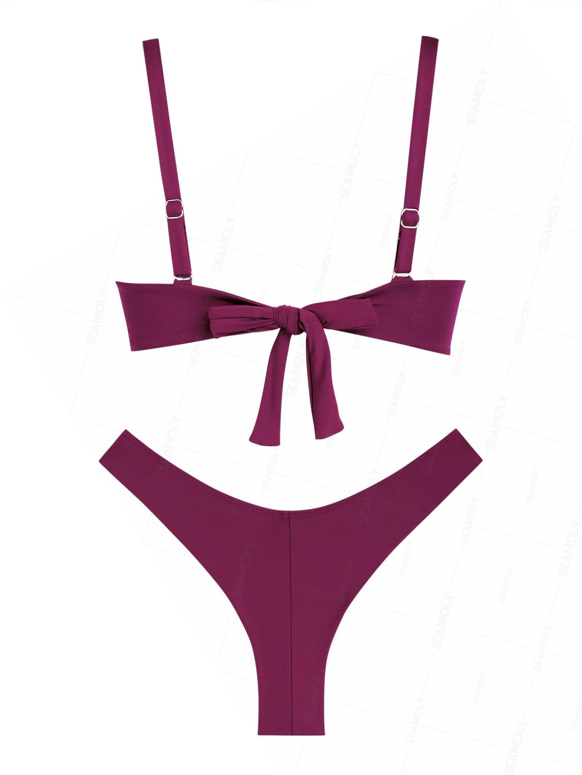 Seamolly Solid Color Ruched Underwire Push Up Top & Cheeky Brazilian Bottom Bikini Set - Image 2