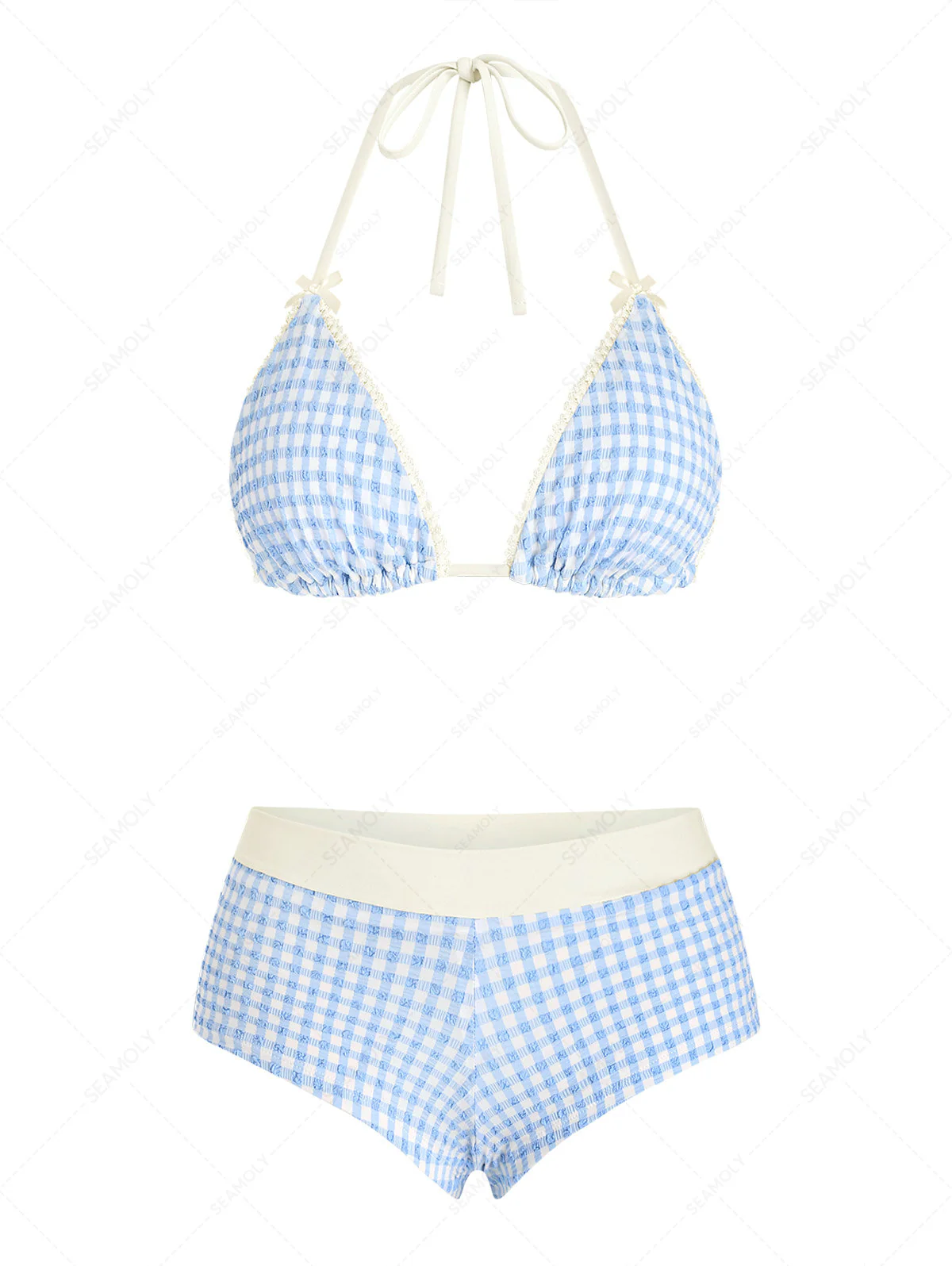 Seamolly Bikini-Set mit kariertem, strukturiertem Spitzen-Schleifenmuster und kurzen Shorts