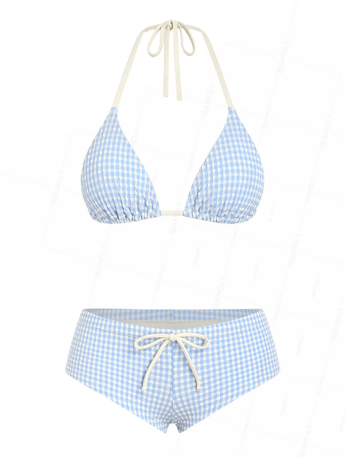 Seamolly Gingham Strukturiertes Triangel-Bikini-Set mit frechen Boyshorts